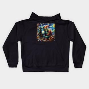 Solitary Elf: Starry Night Gift Preparation - Van Gogh-Inspired Art Series Kids Hoodie